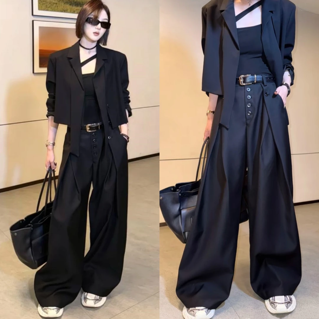 酷飒的穿搭套装女秋季飘带西装外套阔腿裤两件套潮