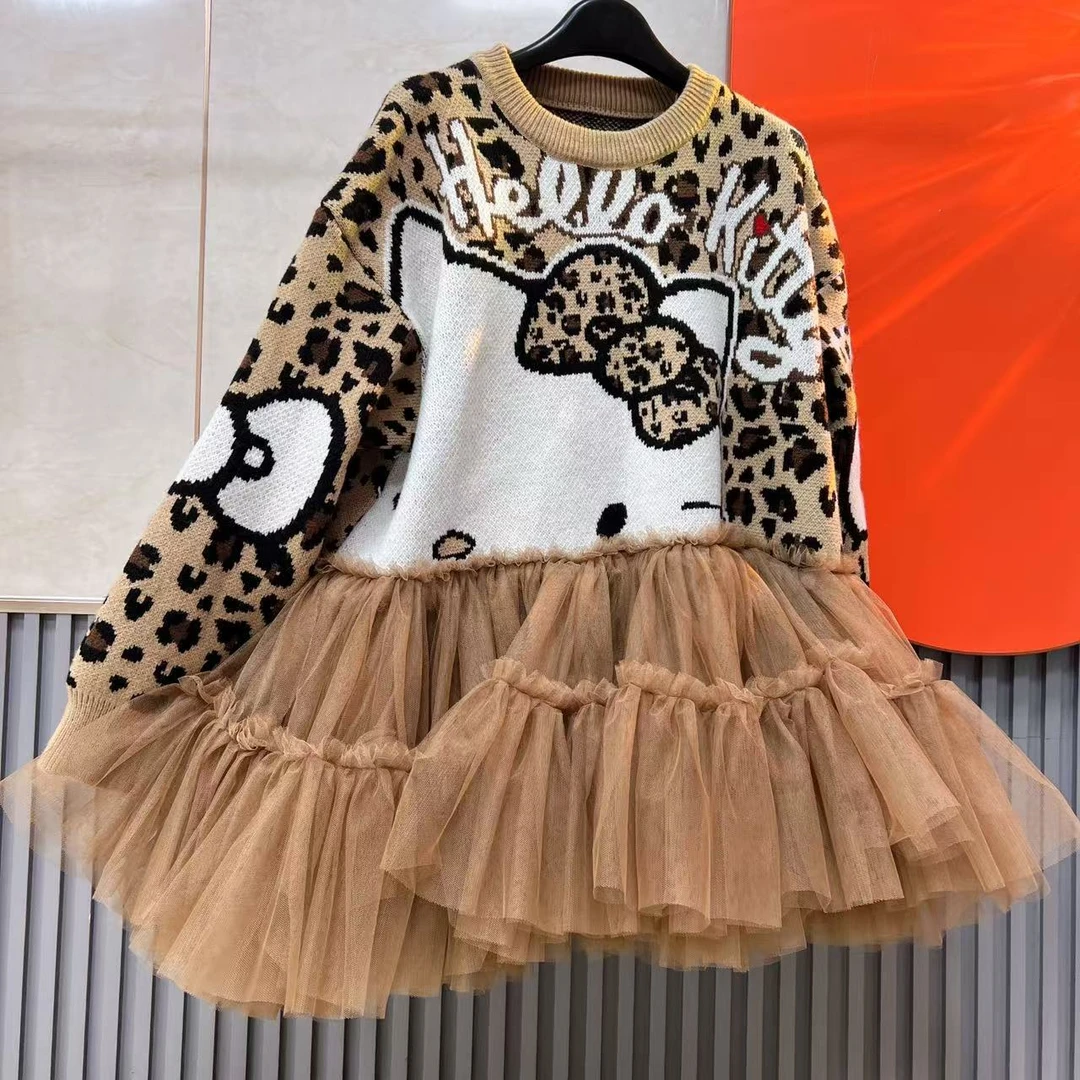 2022【熙妮潮牌】潮牌设计师私人定制卡通猫咪字母豹纹毛衣拼纱裙