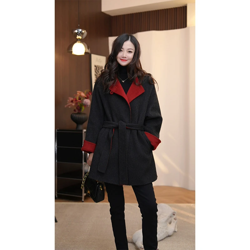 高级设计感大翻领短款气质小个子慵懒风双面绵羊毛大衣外套