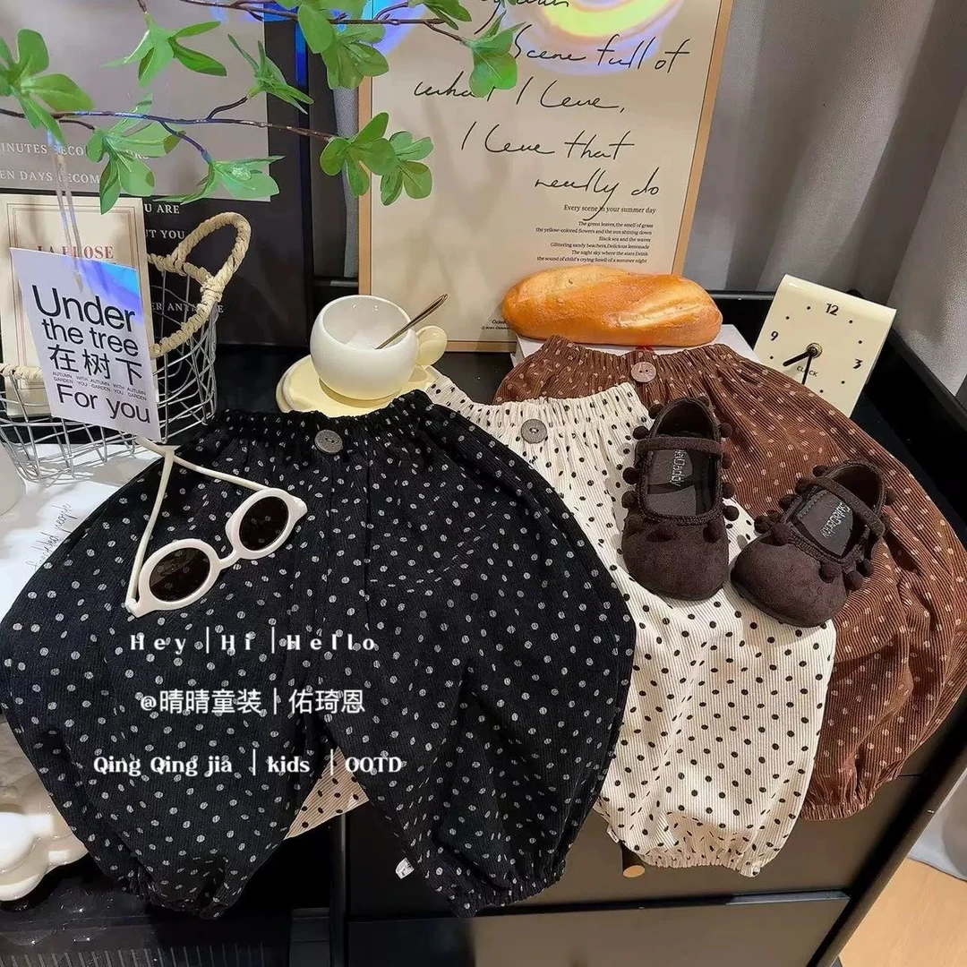 儿童秋季韩系波点灯芯绒萝卜裤男女童简约百搭休闲裤奶奶裤女宝