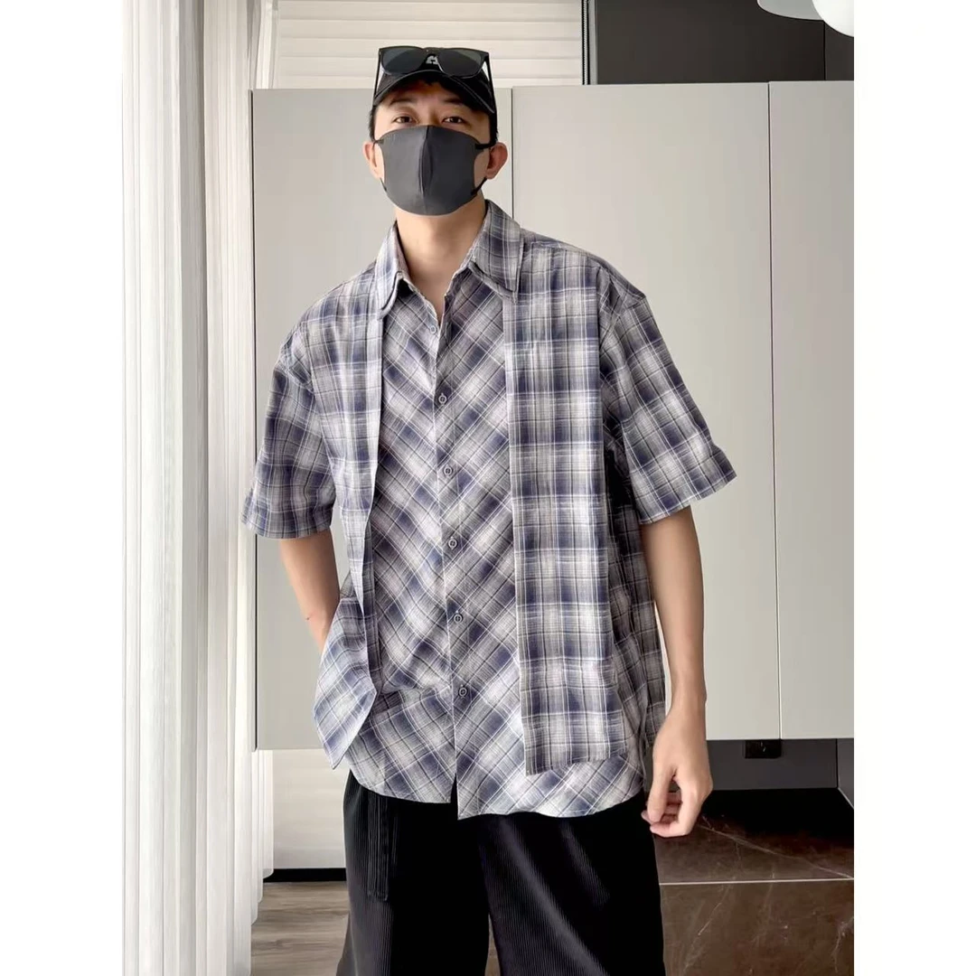 大圣圣 假两件设计渐变扎染格纹美式复古短袖宽松衬衫男AN 880226