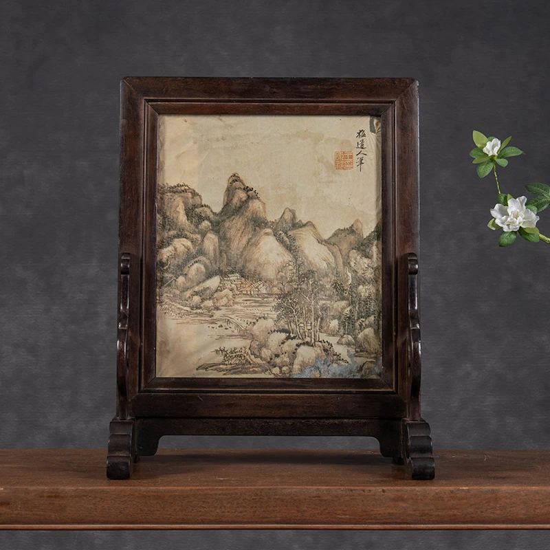 清代紫檀镜芯如意云纹座屏古董艺术品收藏客厅办公室桌面屏风摆件