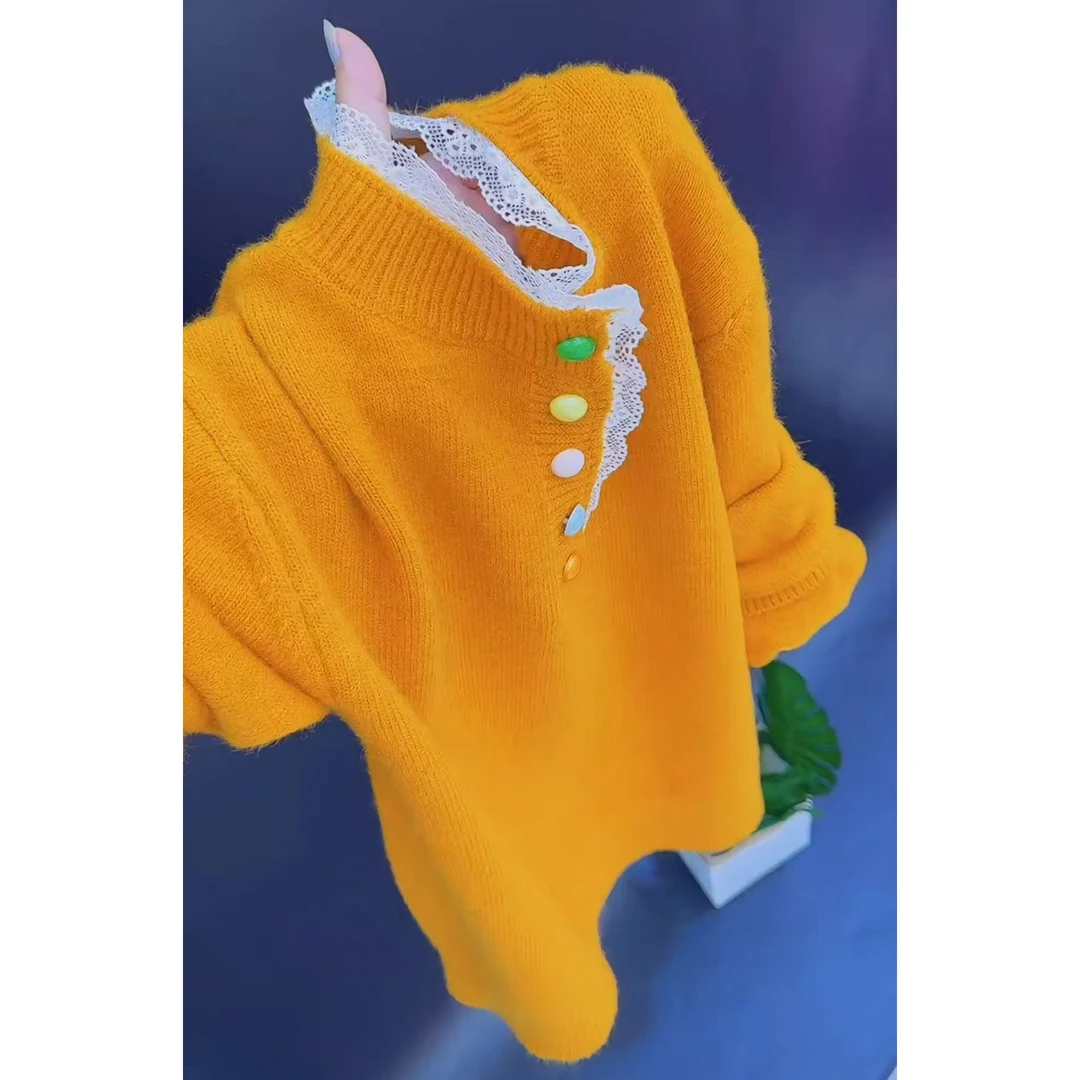 2025秋冬韩版半高领蕾丝拼接针织彩色半扣宽松长袖糖果色套头毛衣