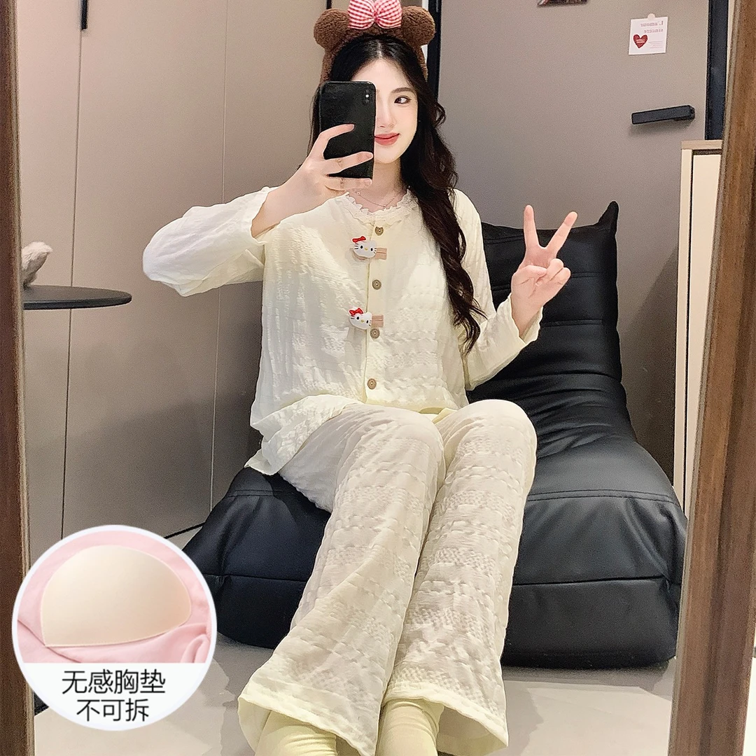 睡衣女春秋季云朵棉带胸垫2025新款长袖开衫大码冬kt猫家居服套装