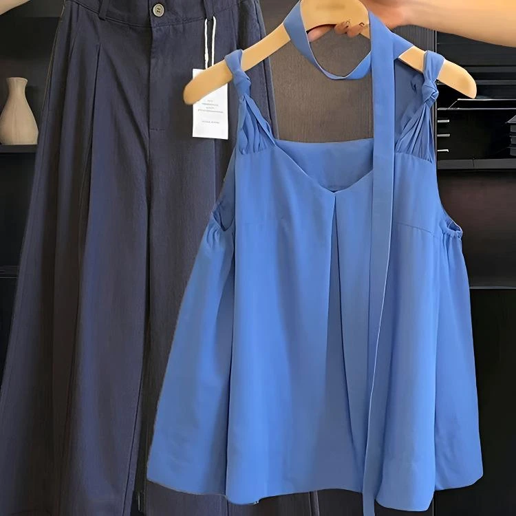 韩系气质小众别致领扭结吊带背心女夏季设计感宽松显瘦无袖上衣