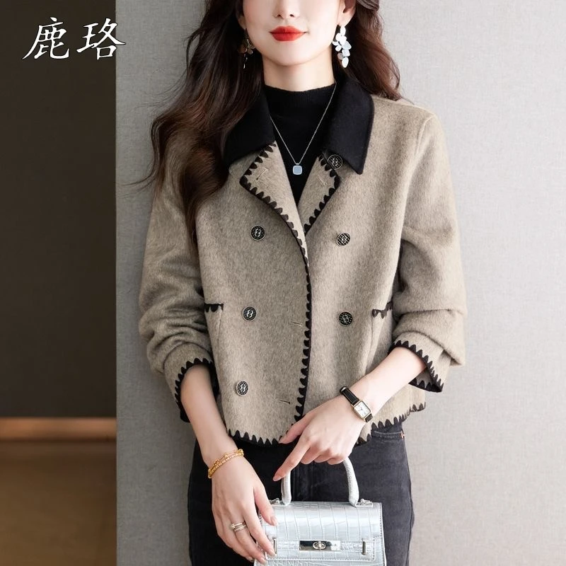 小香风短款双面毛呢外套薄款春秋外搭上衣女气质拼色西装领短外套