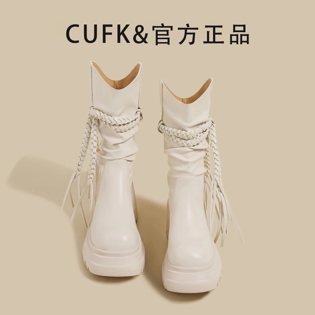 【CUFK&专柜女鞋】厚底v口马丁靴女覆古白色编制绑带粗高跟骑士短靴