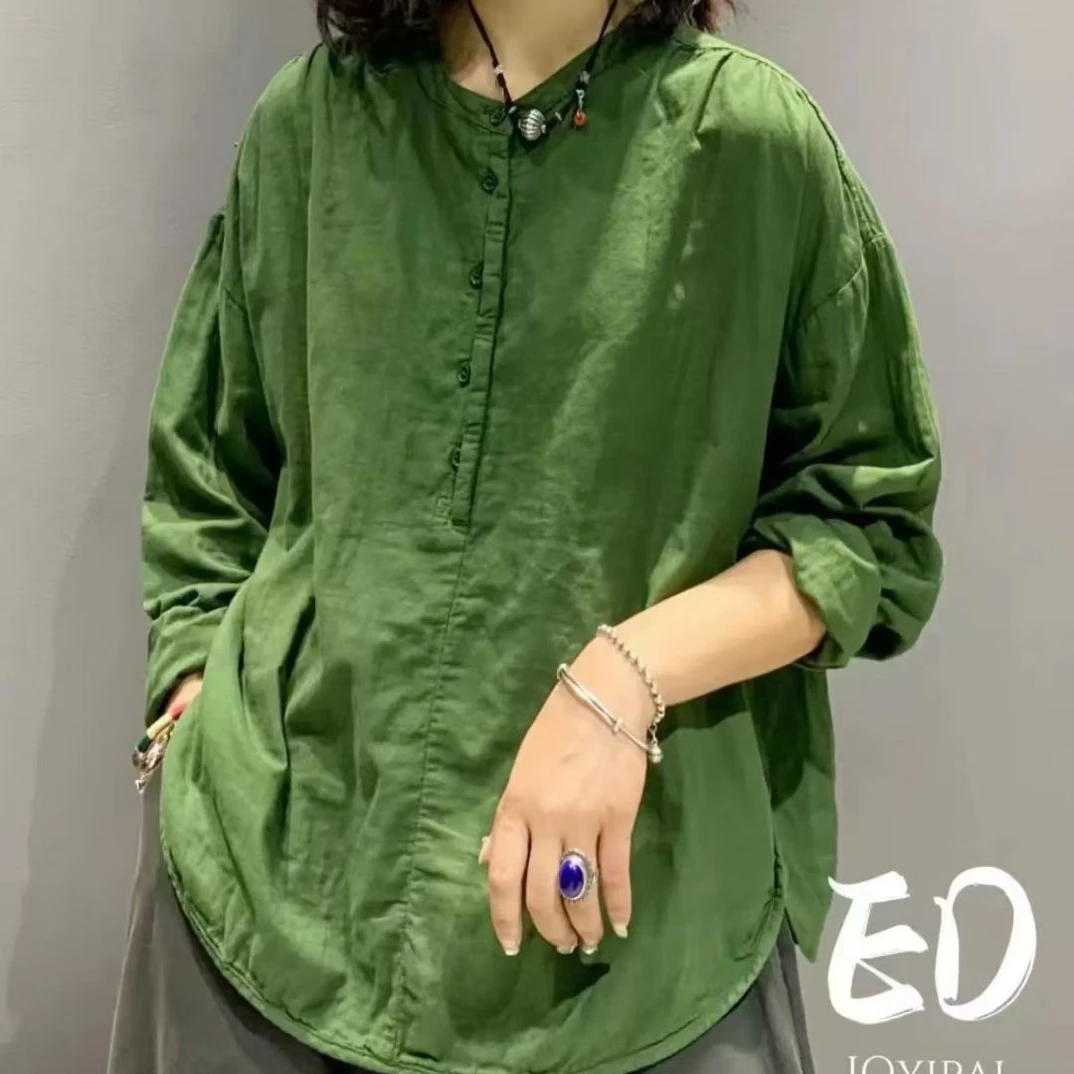 春季新款圆领长袖纯棉衬衫女休闲复古宽松文艺大码上衣