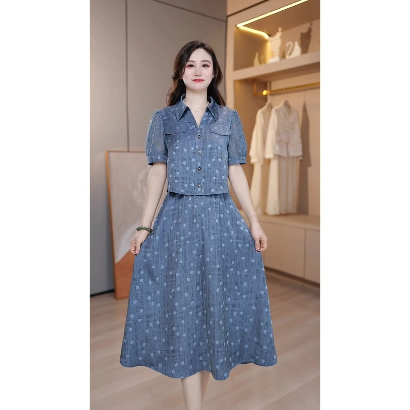 裙角秀/A198#夏季新款缎面气质连衣裙娃娃领时尚减龄短袖中长款