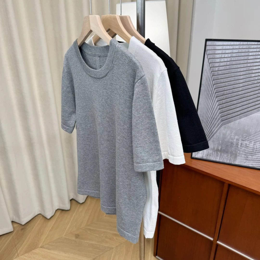 【若若美】H-8279后中缝纯色短袖针织衫修身显瘦百搭纯棉针织短T