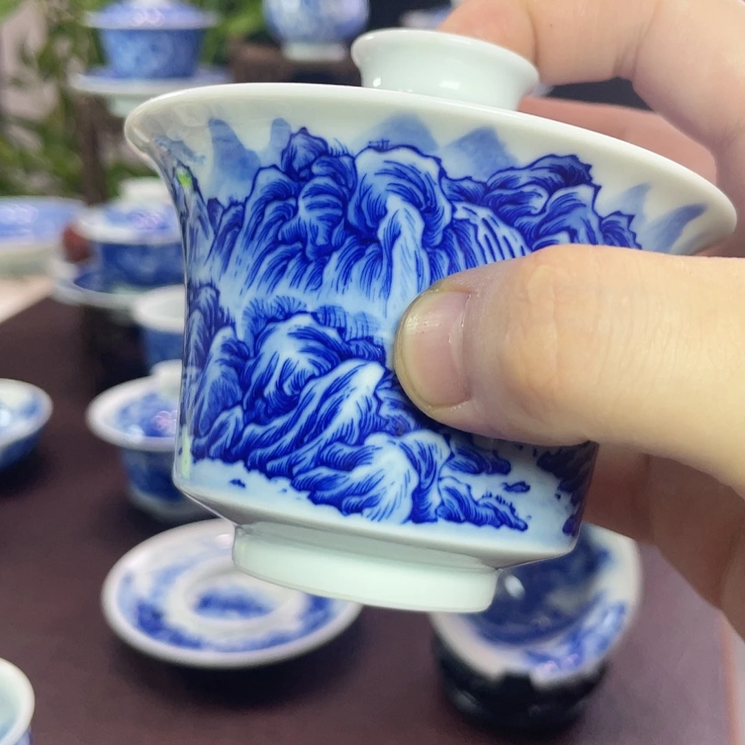 纯手工手绘重工山水盖碗