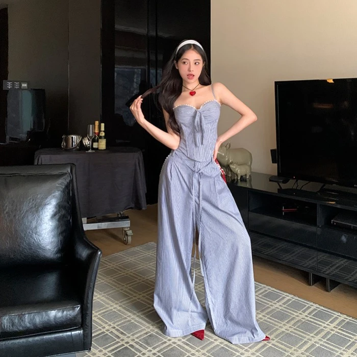 休闲套装蕾丝花边辣妹短款吊带背心女夏季条纹裤高腰阔腿裤两件套