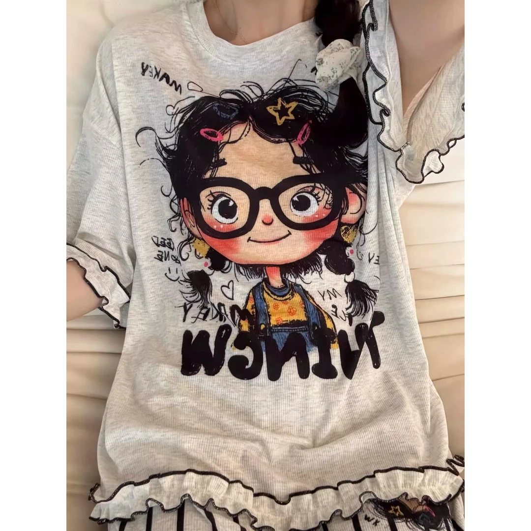 ins风韩版卡通趣味少女印花短袖睡衣女夏季新款舒适家居服俩件套
