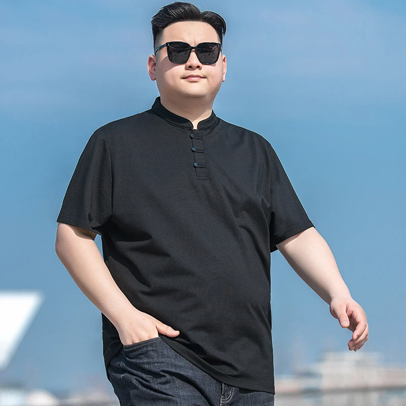 大码新中式立领t恤男短袖夏季唐装上衣弹力加肥加大国风半袖体恤