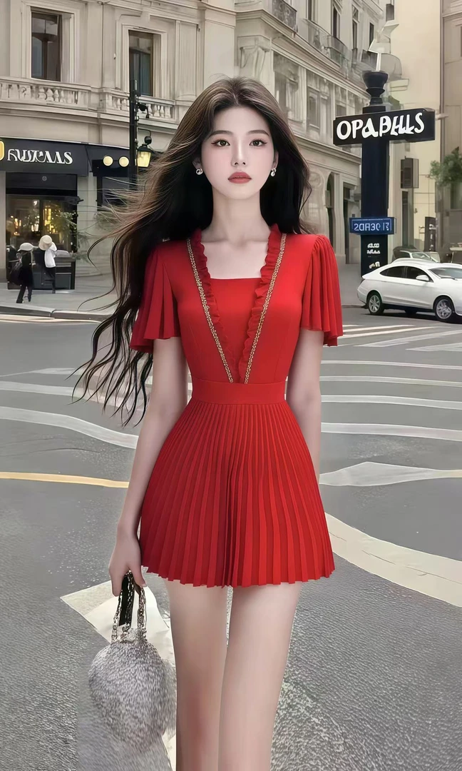 新款温柔纯欲风红色修身收腰短袖不规则设计连衣裙女时尚气质女装