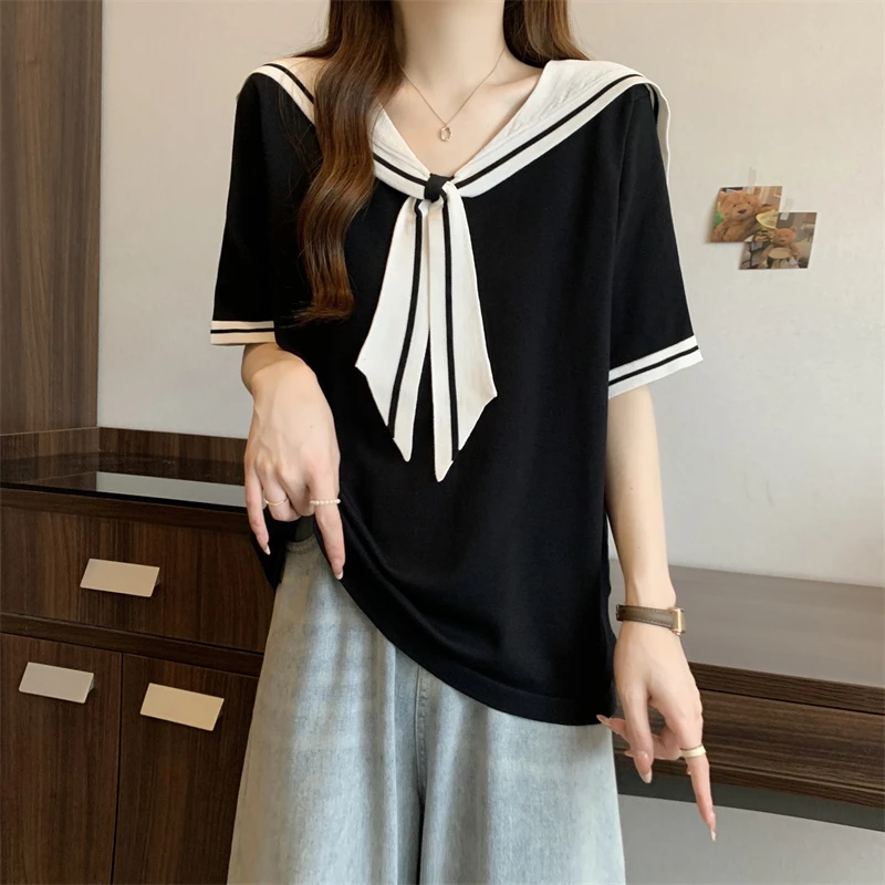 大码别致学院风海军领针织衫女夏季胖妹妹显瘦遮肚子撞色短袖上衣