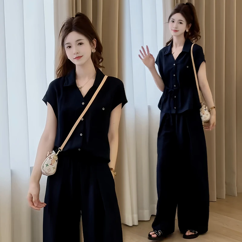 休闲法式高级感套装女2026夏季新款洋气显瘦系带衬衫阔腿裤两件套