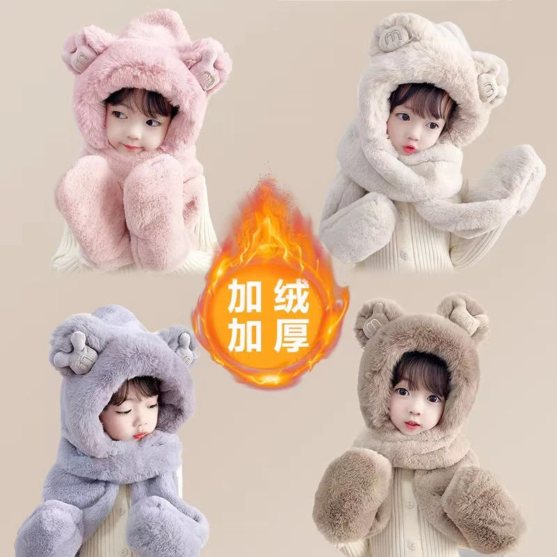 新款韩式毛绒手套围巾一体帽亲子加绒加厚护耳帽毛绒休闲可爱百搭