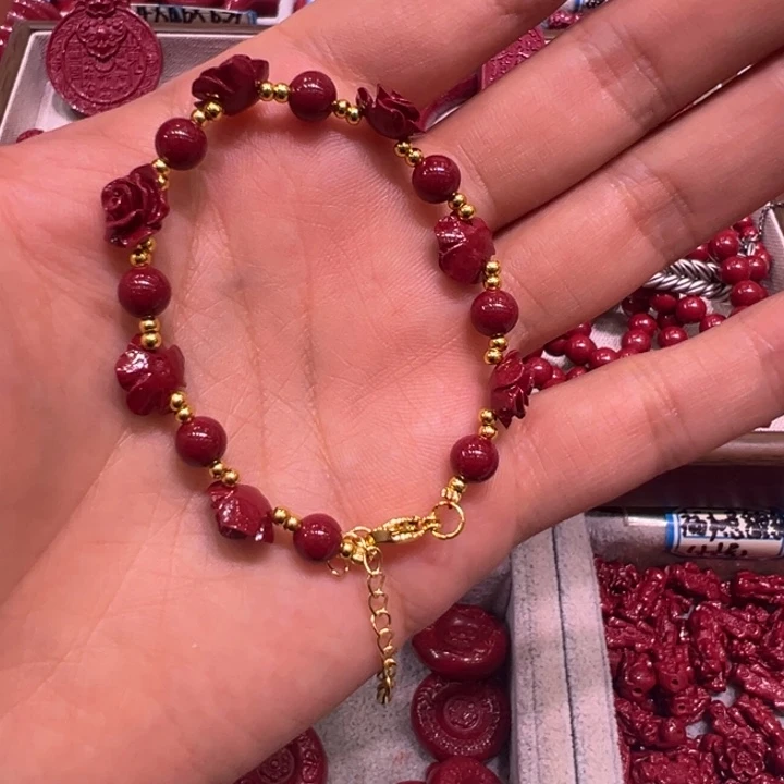 天然辰砂玫瑰花手串圆珠换珍珠