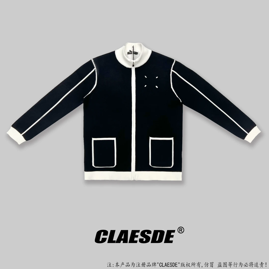 【铭简】高级感轻奢针织开衫白线条拼色拉链外套撞色个性外套78308