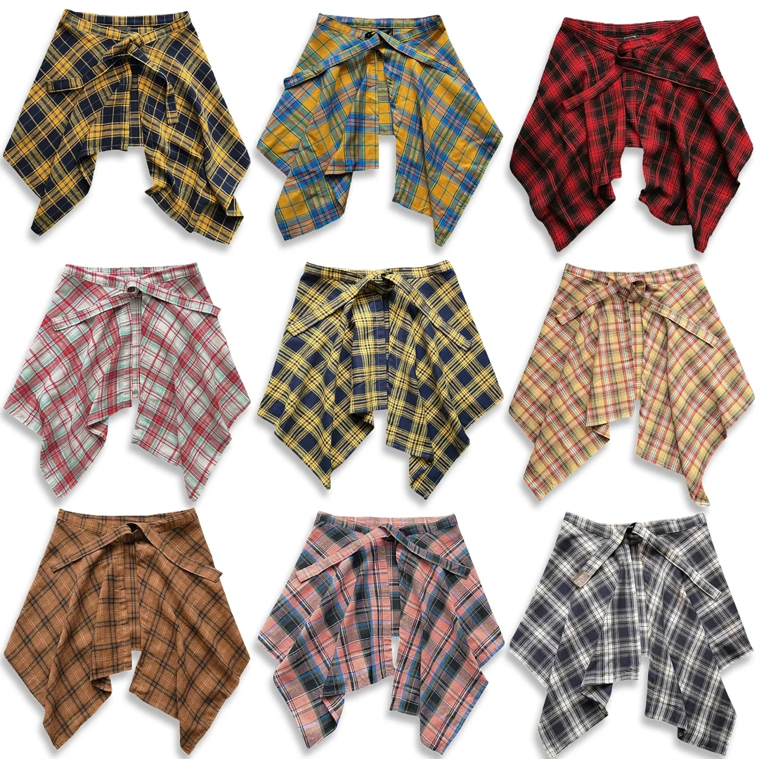 一片式绑带藏肉神器卫衣t恤叠穿格子遮屁帘男半身裙女不规则下摆