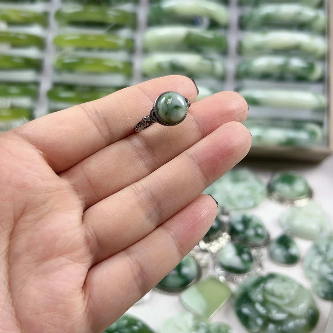 蛇纹石玉银S925镶嵌戒指