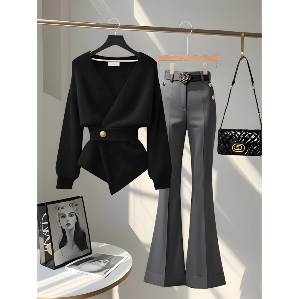 今年流行超火穿搭休闲慵懒风针秋季新款套装上衣裤子不撞衫两件套