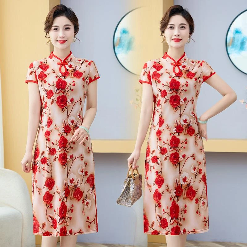 新款夏季时尚显瘦复古气质中长裙短袖拼接印花妈妈连衣裙