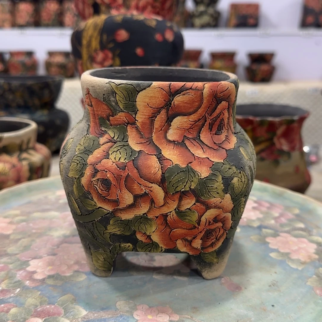 紫砂花盆精品多肉手绘花盆