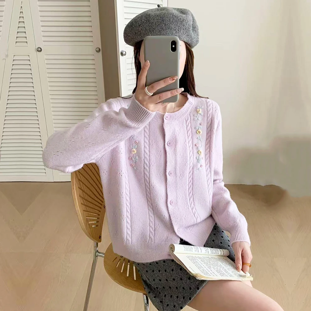 苏醒的乐园秋季新款开衫女手工小花SXMY53165竖条麻花纹百搭毛衣