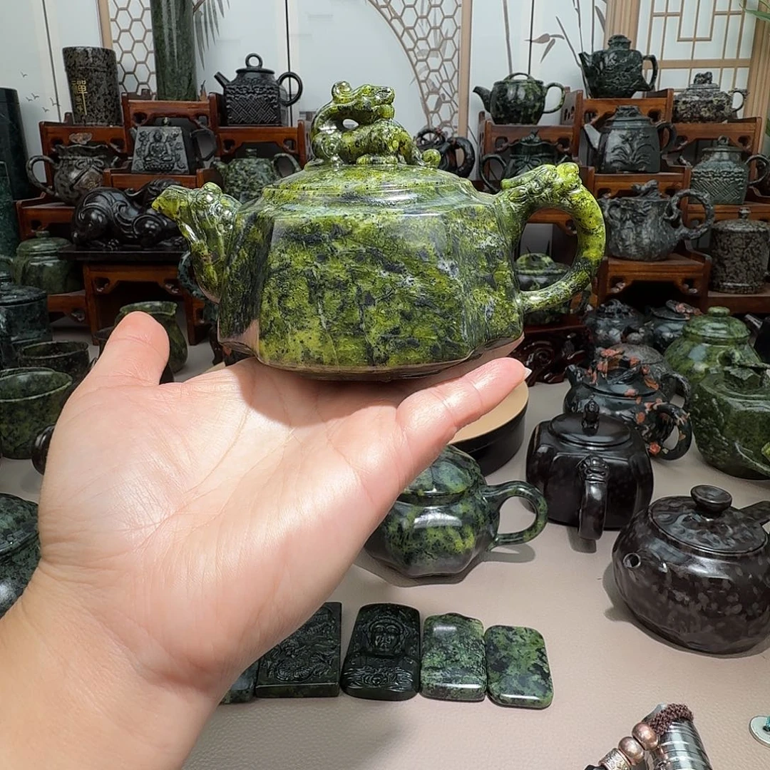 贾***店蛇纹石玉未镶嵌藏玉药王精美茶壶