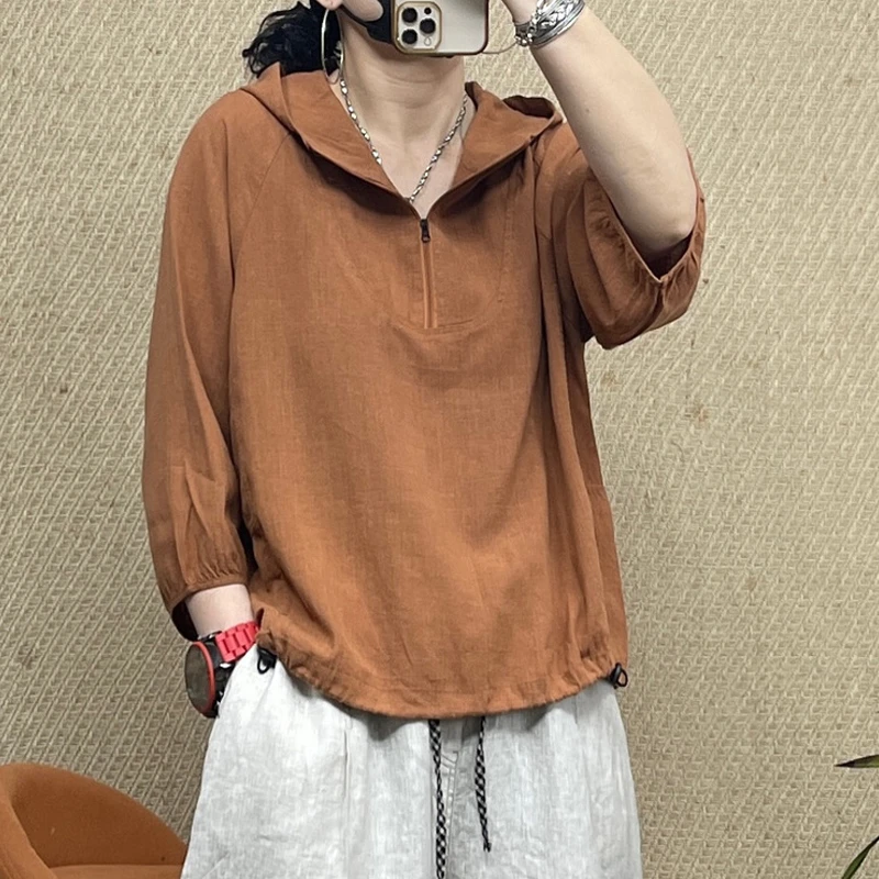 2025春夏新品纯色亚麻连帽套头小衫防晒服空调衫休闲时尚舒爽