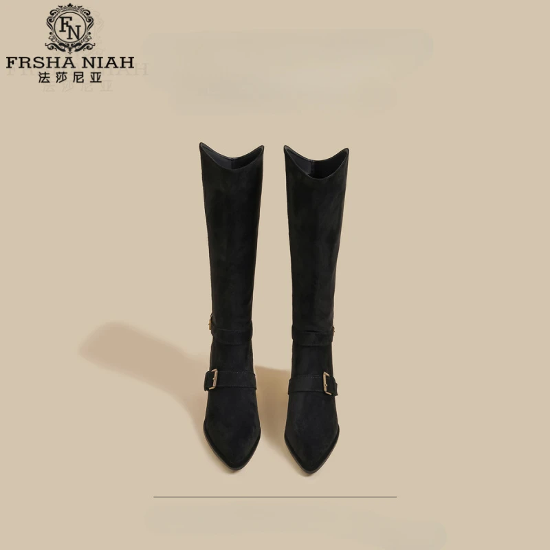 法莎尼亚2025年春秋季新款粗跟长筒靴女黑色高跟尖头气质靴子时髦