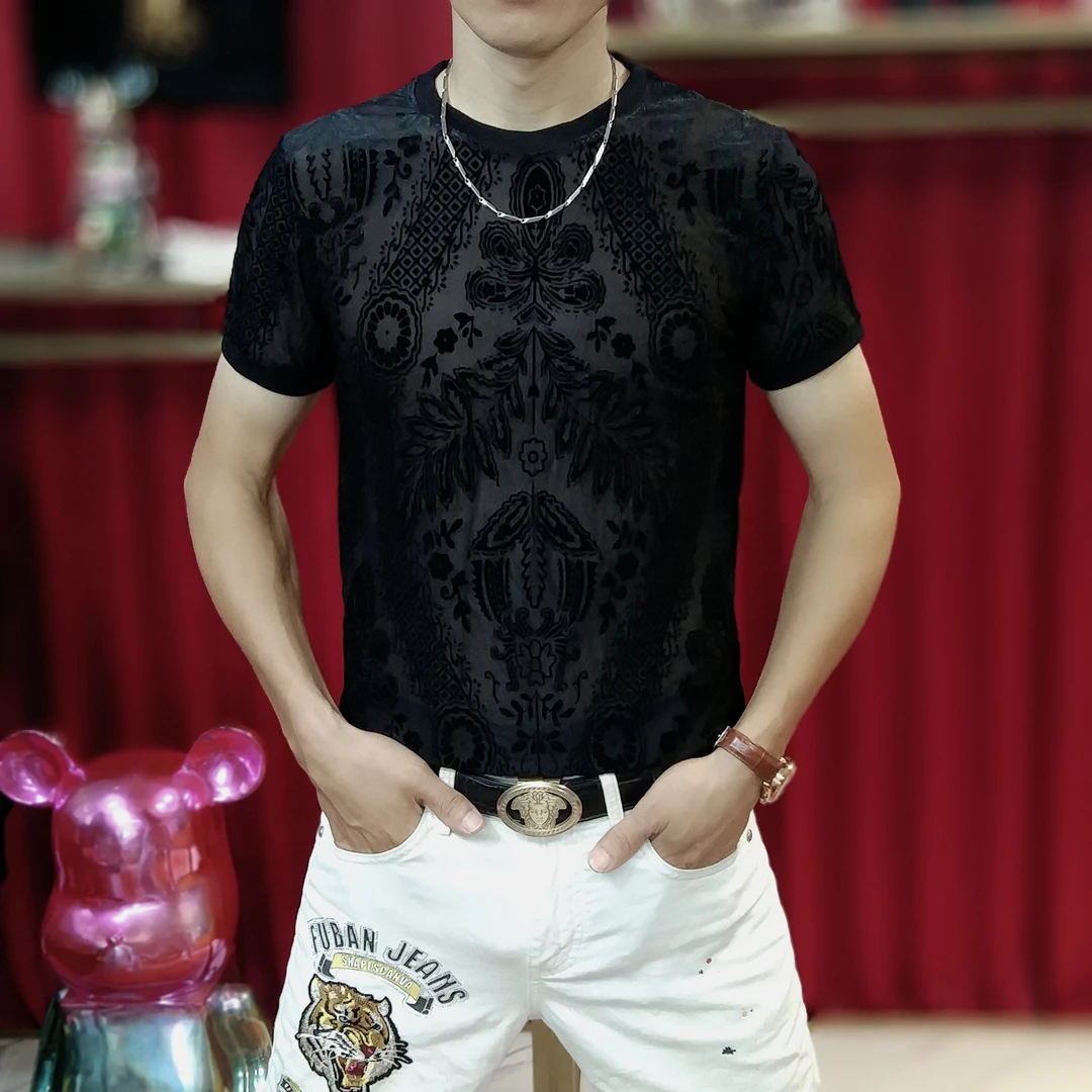 夏季男士新款时尚不规则提花镂空圆领T恤修身弹力超薄冰丝短袖潮