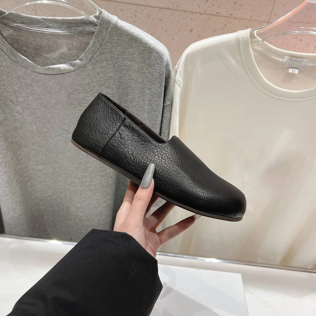 2025新款夏季圆头薄款极简风浅口一脚蹬单鞋女鞋休闲透气平底皮鞋