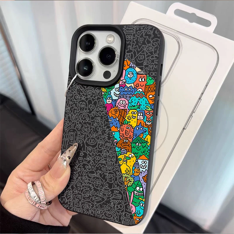 线条涂鸦适用苹果16p/15手机壳iPhone14promax13荔枝纹12防摔11软