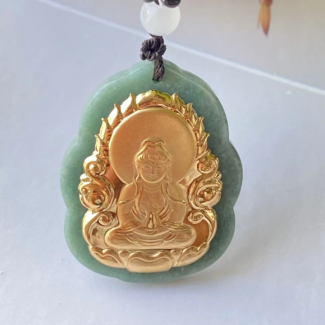 （柳文推荐）黄金 真金翡翠玉火焰宝瓶观音吊坠