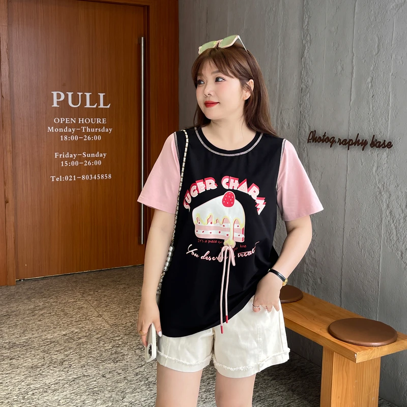 CXZ0816采多宝大码女装复古甜酷假两件中长款T恤