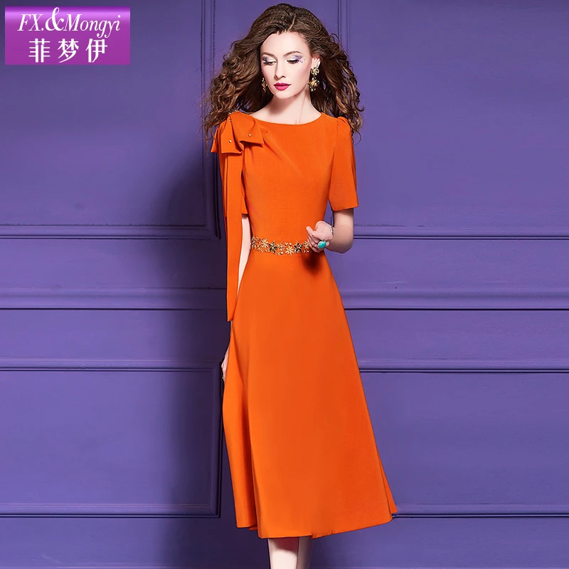 菲梦伊钉珠连衣裙女短袖夏季法式高级感别致修身款礼服裙62909