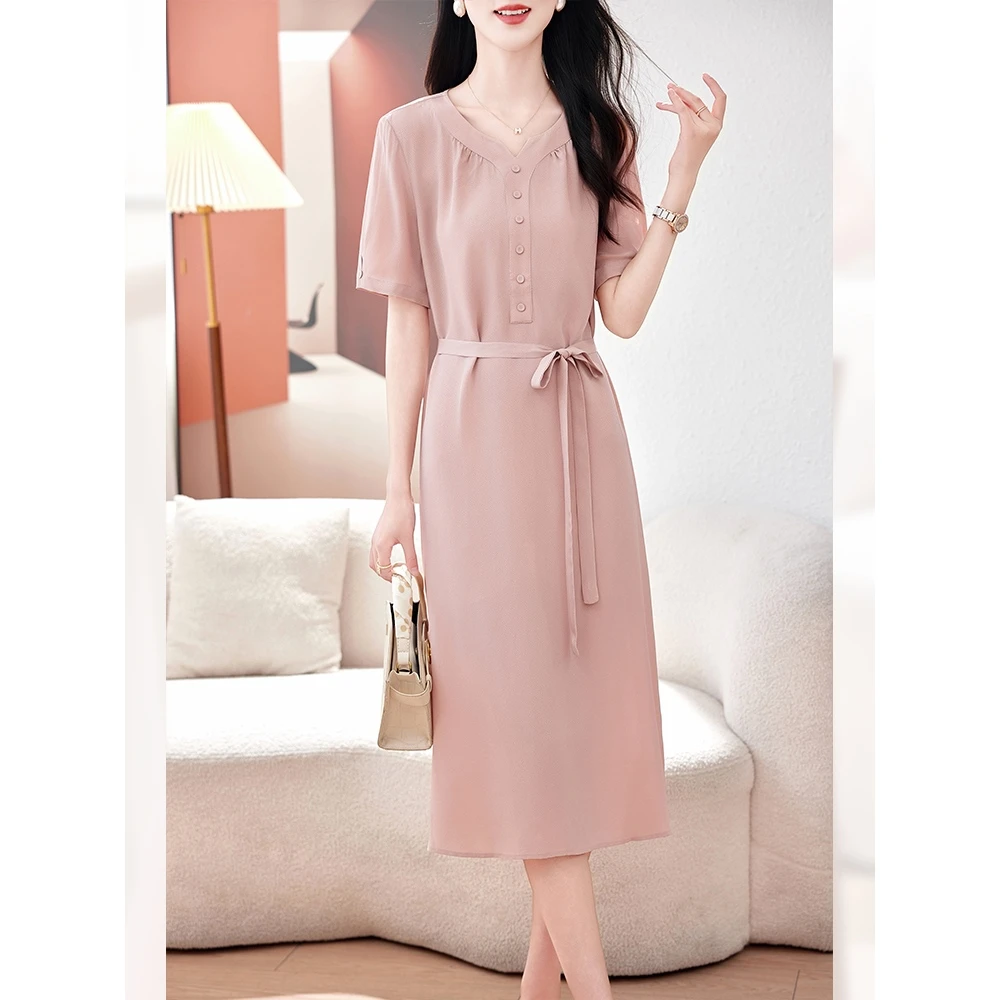 纯色真丝连衣裙女短袖夏季新款气质轻奢收腰显瘦高端桑蚕丝长裙子