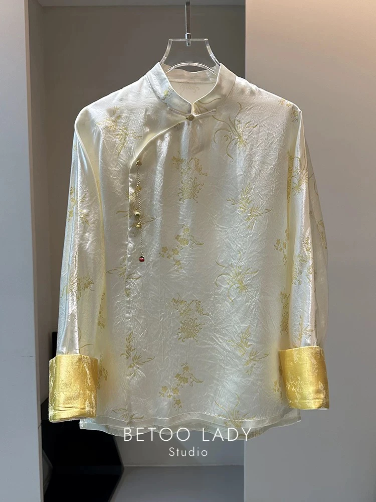 四君子醋酸斜襟黄袖口小衫