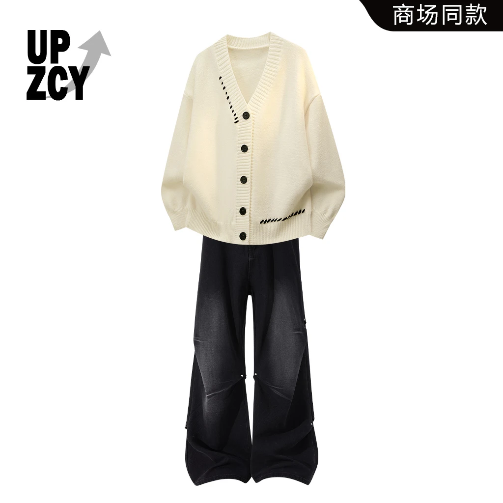 UPZCY美潮休闲复古风毛衣冬季新款百搭水洗阔腿弯刀牛仔裤套装男