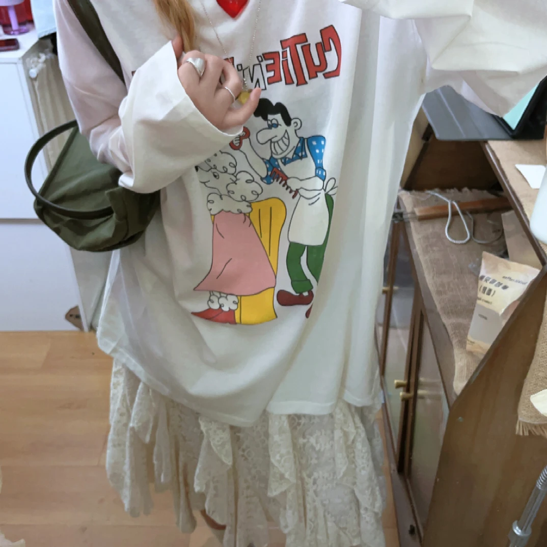 女常规款印花Oversize风长袖T恤少女薄款百搭圆领