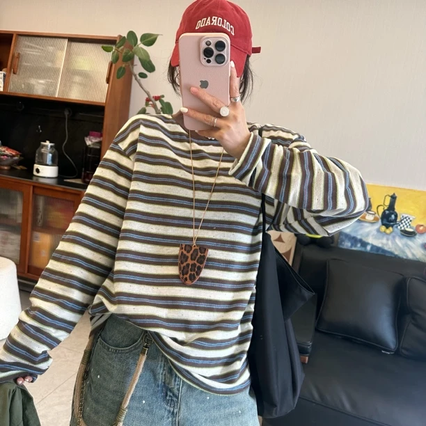 qiqi/琦琦推荐 韩版高品质彩棉经典条纹宽松百搭长袖T恤