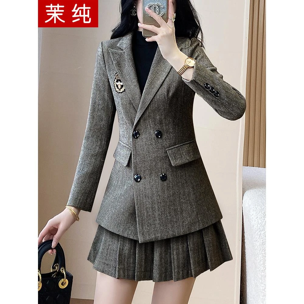 时尚洋气女灰色小西服百褶裙高级感韩系高级感穿搭职业工装洋气裙