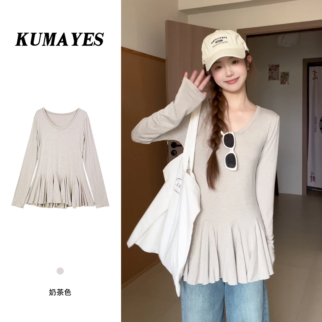 KUMAYES韩版辣妹修身显瘦百搭圆领压褶设计感面膜T恤长袖上衣女