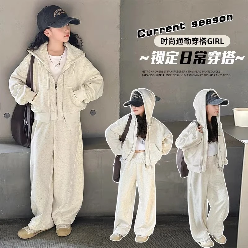 韩系童装2025春季新款儿童连帽卫衣外套女童洋气蕾丝花边卫裤套装