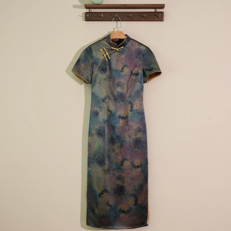 【211款--03】交织30桑蚕丝香云纱气质时尚优雅后拉链旗袍