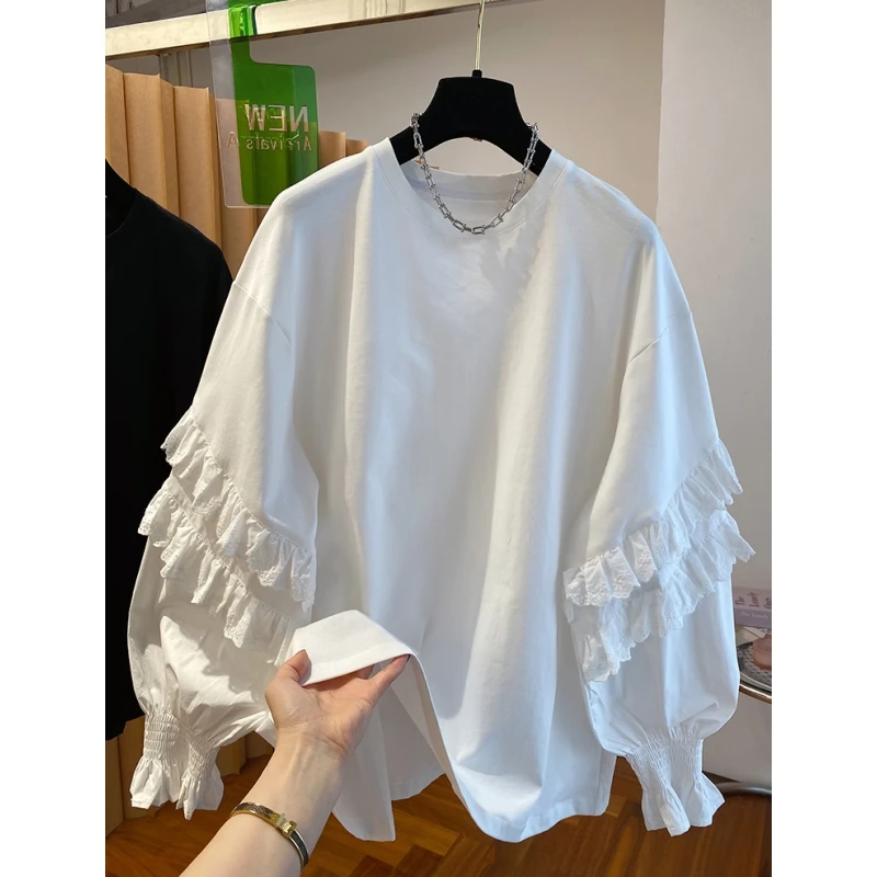 法式超仙蕾丝木耳边拼接t恤女长袖2025新款宽松休闲漂亮圆领上衣