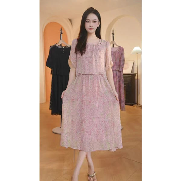 【赠送运费险】L9018 2025年夏季新款气质印花假两件中长款连衣裙